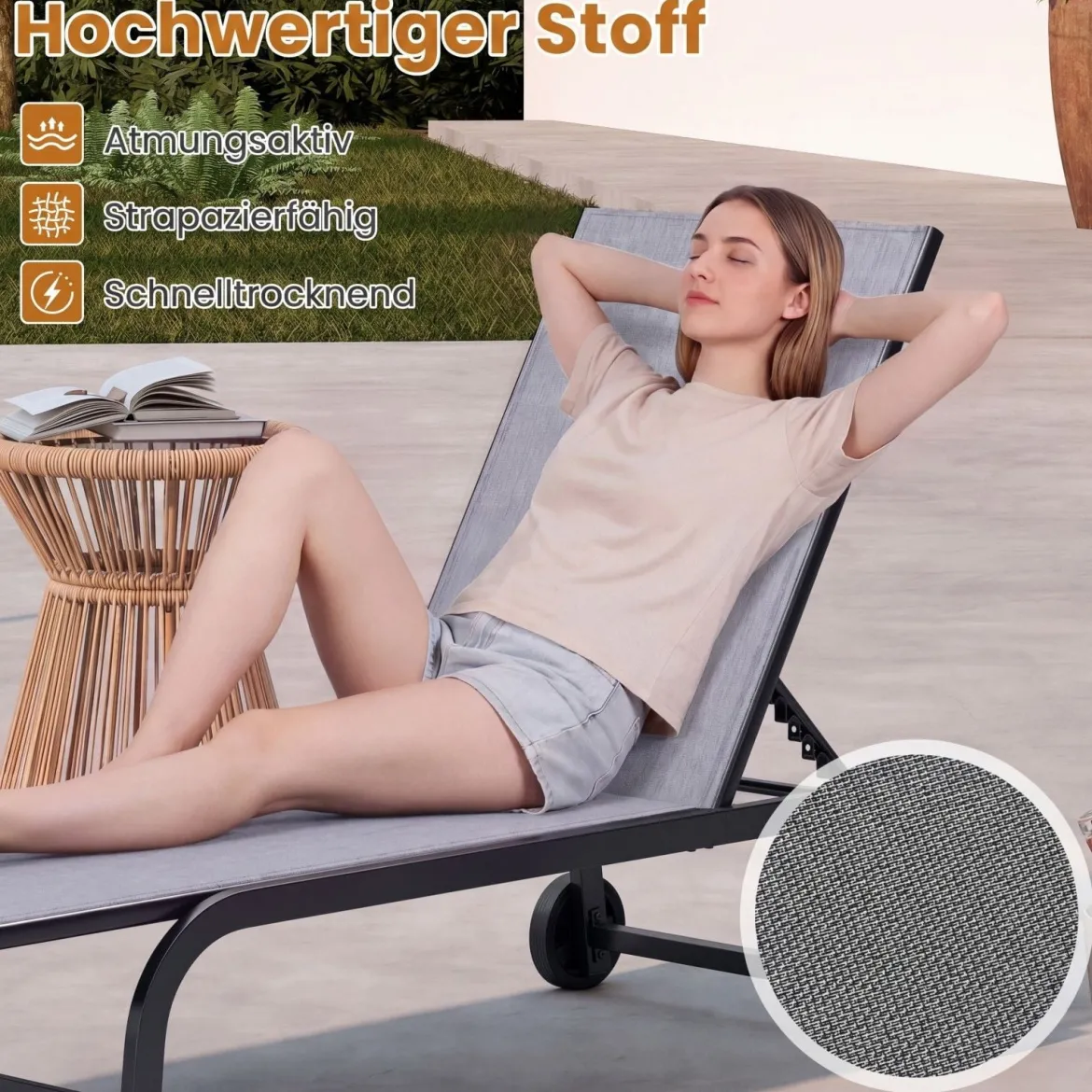 2er Set Sonnenliege mit Rollen Robuste Gartenliege mit 6-Fach Verstellbare Rückenlehne bis 180° Flach