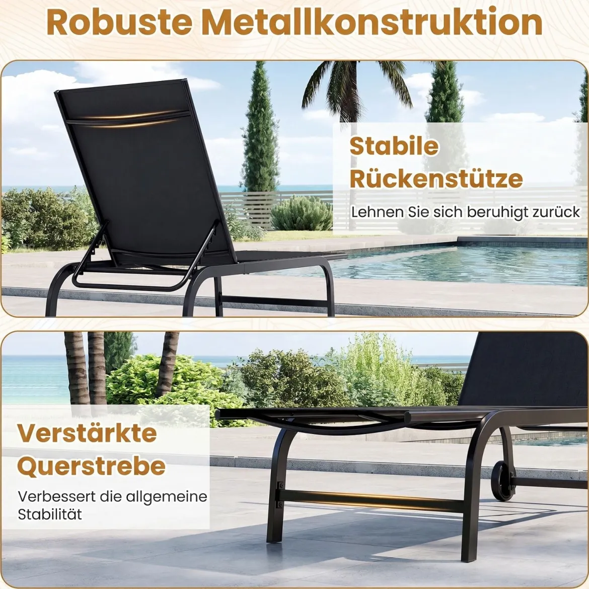 2er Set Sonnenliege mit Rollen Robuste Gartenliege mit 6-Fach Verstellbare Rückenlehne bis 180° Flach