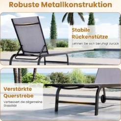 2er Set Sonnenliege mit Rollen Robuste Gartenliege mit 6-Fach Verstellbare Rückenlehne bis 180° Flach