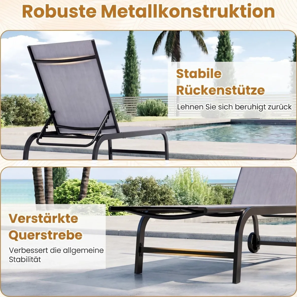 2er Set Sonnenliege mit Rollen Robuste Gartenliege mit 6-Fach Verstellbare Rückenlehne bis 180° Flach