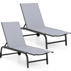 2er Set Sonnenliege mit Rollen Robuste Gartenliege mit 6-Fach Verstellbare Rückenlehne bis 180° Flach