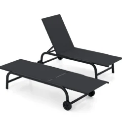 2er Set Sonnenliege mit Rollen Robuste Gartenliege mit 6-Fach Verstellbare Rückenlehne bis 180° Flach