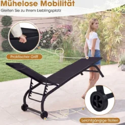2er Set Sonnenliege mit Rollen Robuste Gartenliege mit 6-Fach Verstellbare Rückenlehne bis 180° Flach