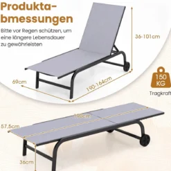 2er Set Sonnenliege mit Rollen Robuste Gartenliege mit 6-Fach Verstellbare Rückenlehne bis 180° Flach