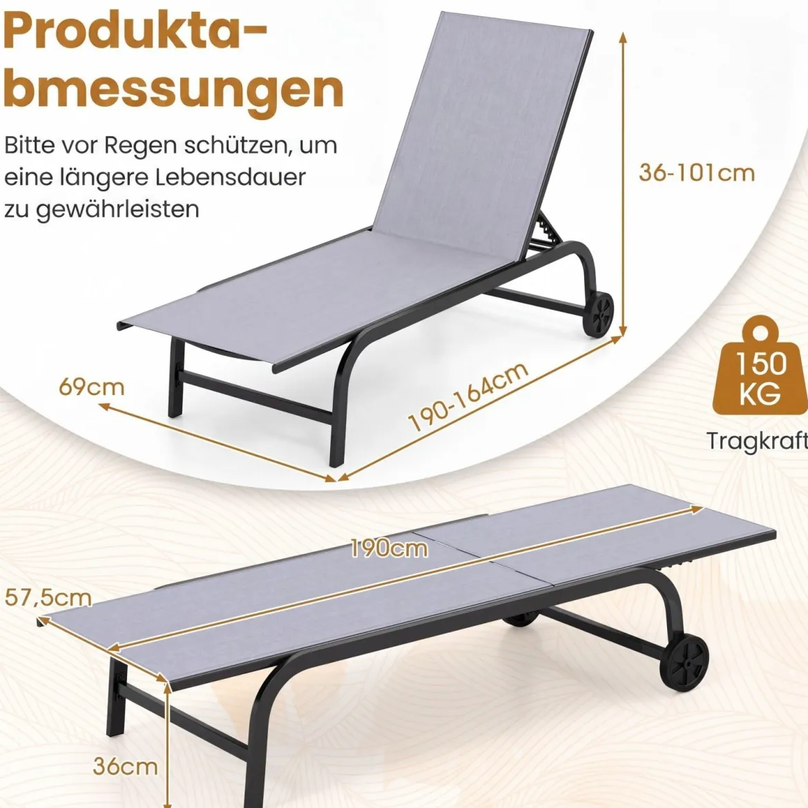 2er Set Sonnenliege mit Rollen Robuste Gartenliege mit 6-Fach Verstellbare Rückenlehne bis 180° Flach