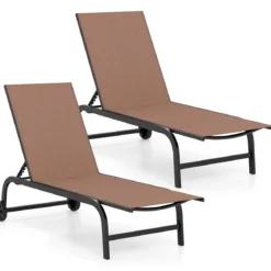 2er Set Sonnenliege mit Rollen Robuste Gartenliege mit 6-Fach Verstellbare Rückenlehne bis 180° Flach