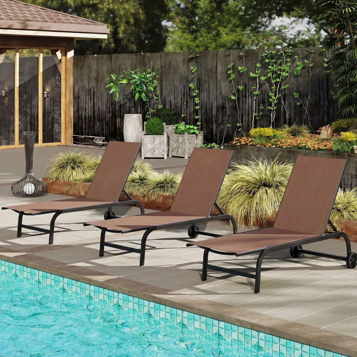2er Set Sonnenliege mit Rollen Robuste Gartenliege mit 6-Fach Verstellbare Rückenlehne bis 180° Flach