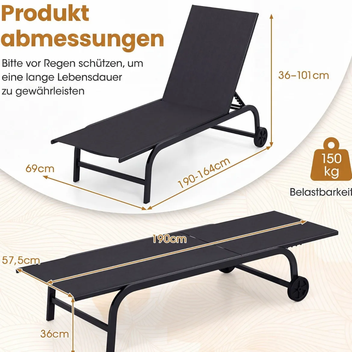 2er Set Sonnenliege mit Rollen Robuste Gartenliege mit 6-Fach Verstellbare Rückenlehne bis 180° Flach