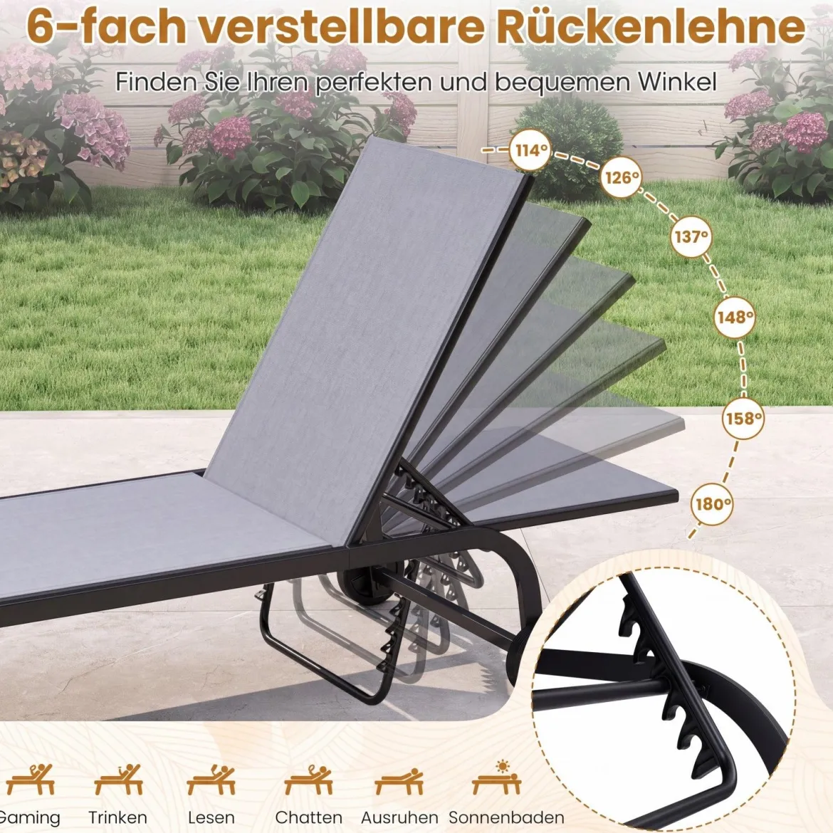 2er Set Sonnenliege mit Rollen Robuste Gartenliege mit 6-Fach Verstellbare Rückenlehne bis 180° Flach