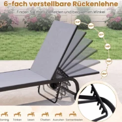 2er Set Sonnenliege mit Rollen Robuste Gartenliege mit 6-Fach Verstellbare Rückenlehne bis 180° Flach