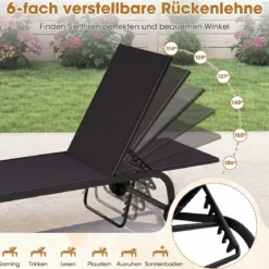2er Set Sonnenliege mit Rollen Robuste Gartenliege mit 6-Fach Verstellbare Rückenlehne bis 180° Flach