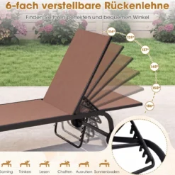2er Set Sonnenliege mit Rollen Robuste Gartenliege mit 6-Fach Verstellbare Rückenlehne bis 180° Flach