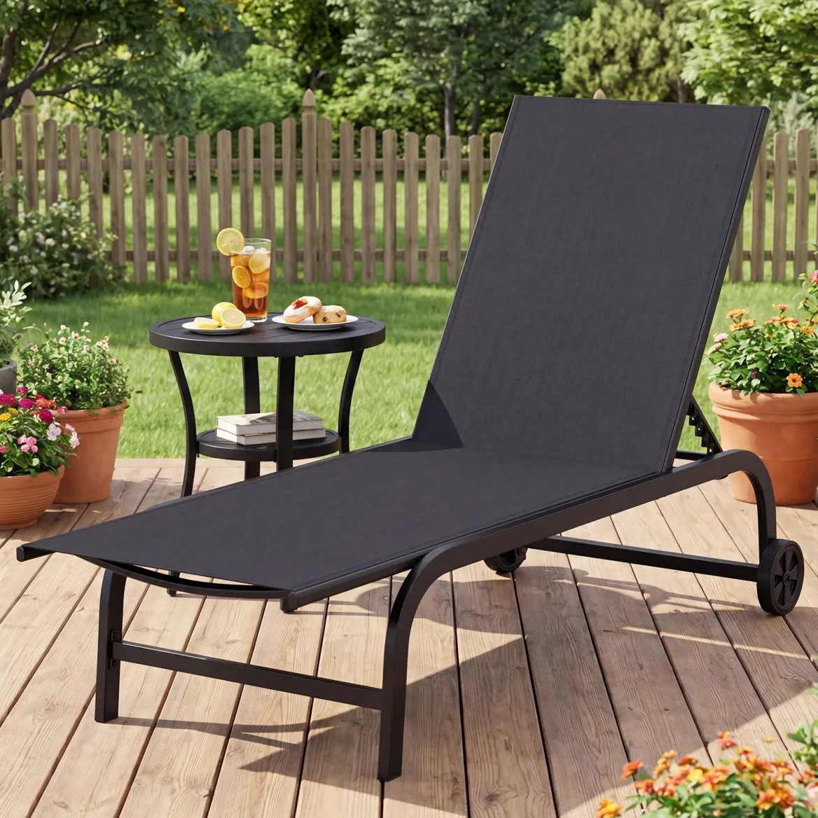 2er Set Sonnenliege mit Rollen Robuste Gartenliege mit 6-Fach Verstellbare Rückenlehne bis 180° Flach