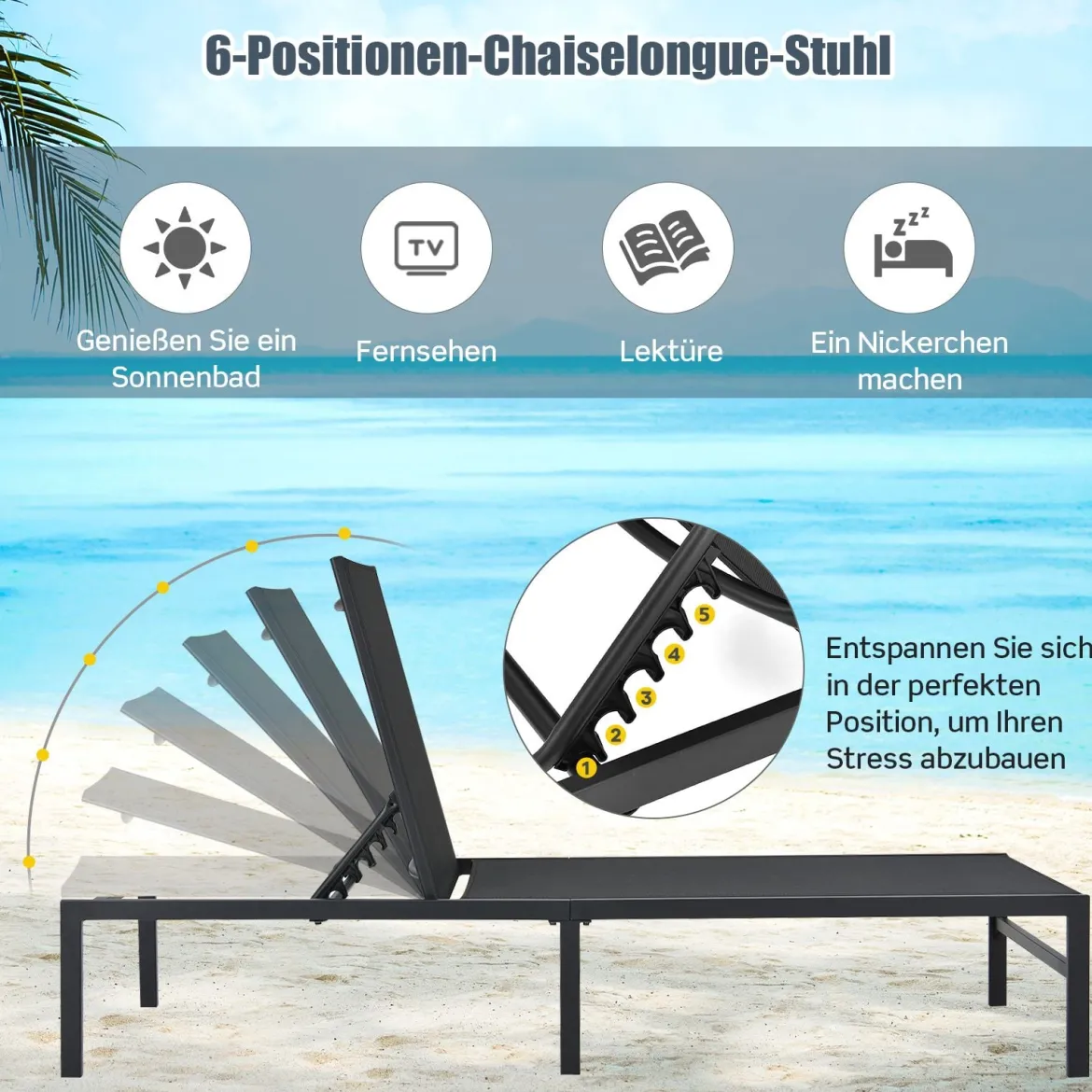 2er Set Sonnenliegestuhl für Außenbereich Anpassbarer Liegestuhl 64 x 198 x 67 - 103 cm Schwarz