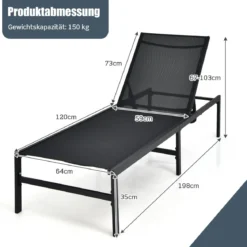 2er Set Sonnenliegestuhl für Außenbereich Anpassbarer Liegestuhl 64 x 198 x 67 - 103 cm Schwarz