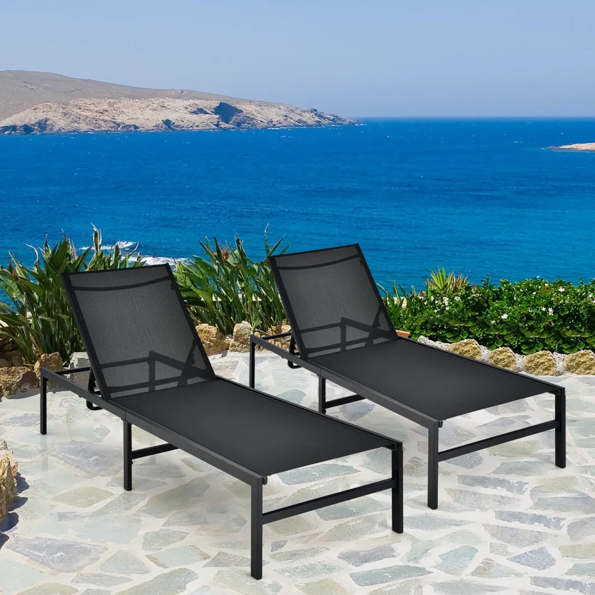 2er Set Sonnenliegestuhl für Außenbereich Anpassbarer Liegestuhl 64 x 198 x 67 - 103 cm Schwarz