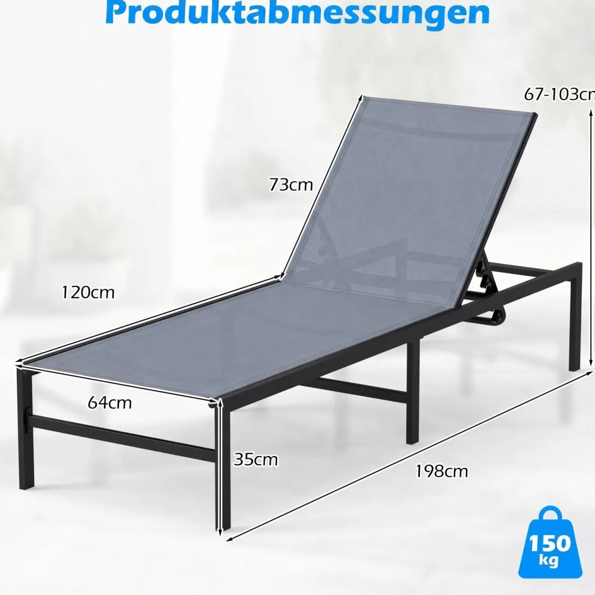 2er Set Sonnenliegestuhl für Außenbereich Anpassbarer Liegestuhl 64 x 198 x 67 - 103 cm Grau