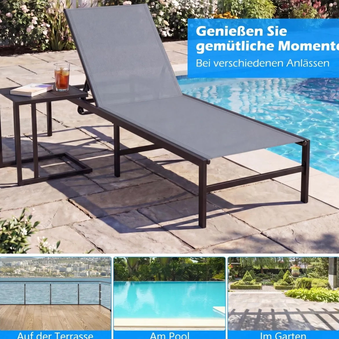 2er Set Sonnenliegestuhl für Außenbereich Anpassbarer Liegestuhl 64 x 198 x 67 - 103 cm Grau