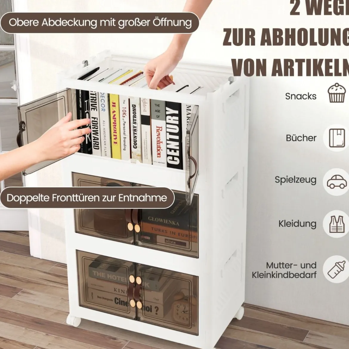 3er Set Stapelbare Aufbewahrungsboxen mit Deckel & Rädern & Türen 49,5 x 31,5 x 86 cm