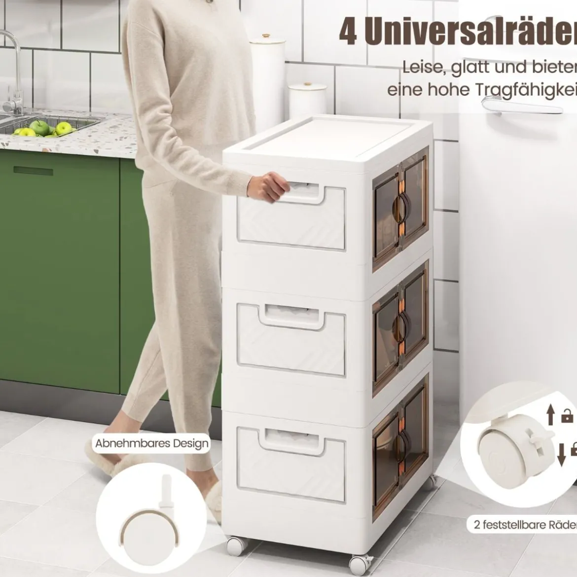 3er Set Stapelbare Aufbewahrungsboxen mit Deckel & Rädern & Türen 49,5 x 31,5 x 86 cm