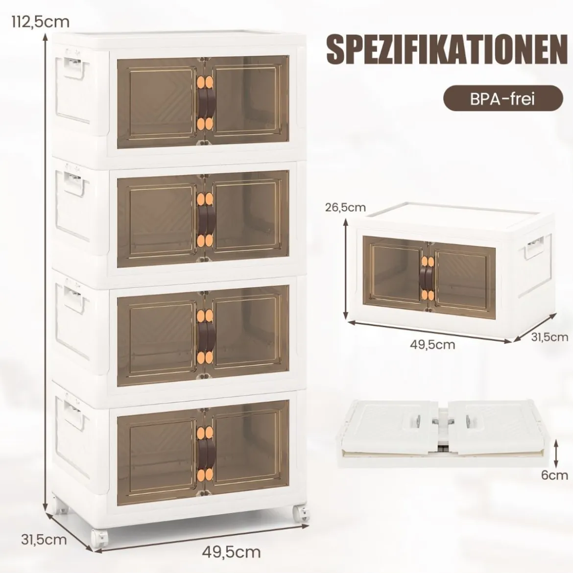 4er Set Stapelbare Aufbewahrungsboxen mit Deckel & Rädern & Türen 49,5 x 31,5 x 112,5 cm