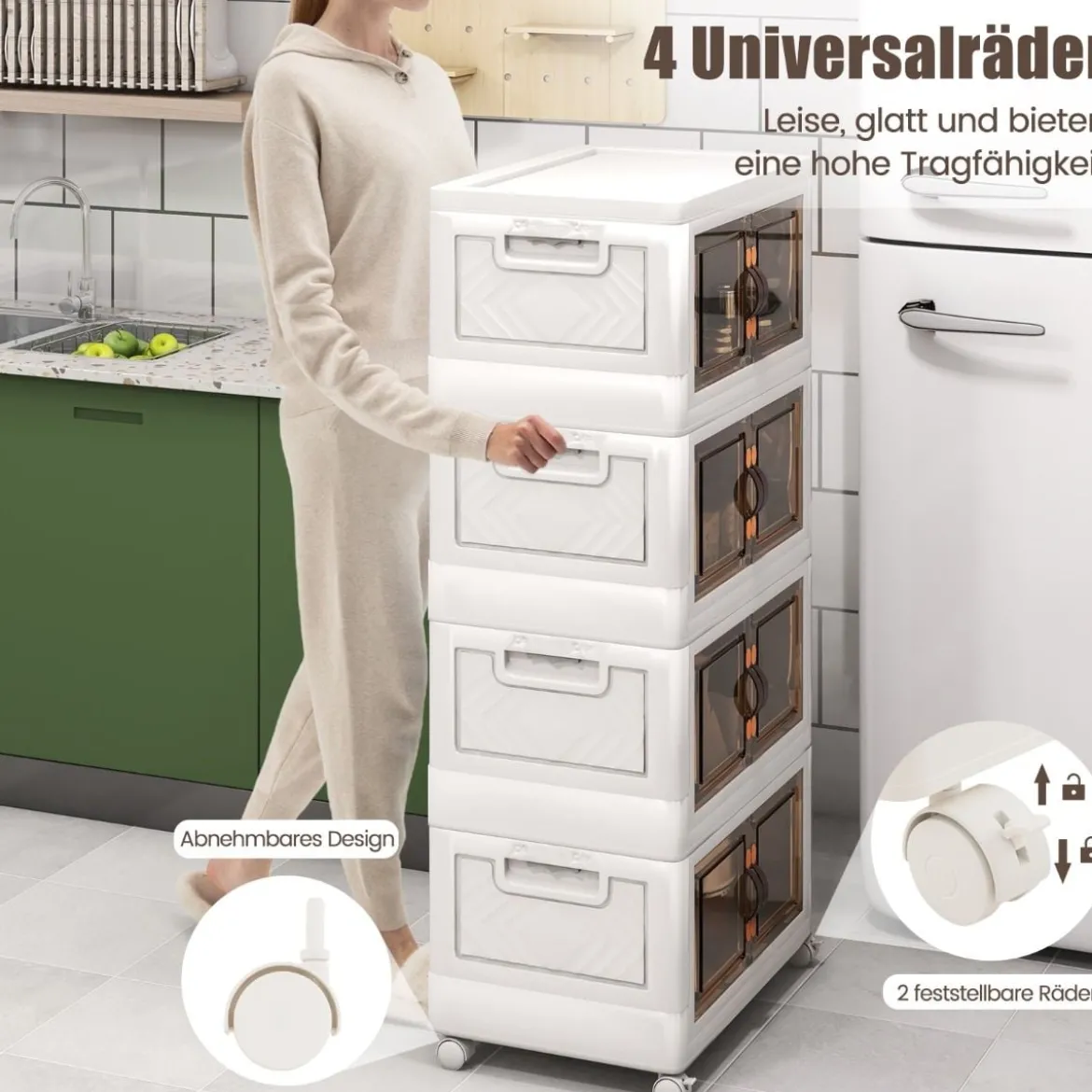 4er Set Stapelbare Aufbewahrungsboxen mit Deckel & Rädern & Türen 49,5 x 31,5 x 112,5 cm