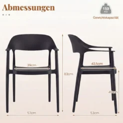 4er Set Stapelbare Esszimmerstühle bis 150 kg Belastbar Küchenstuhl aus Kunststoff Schwarz