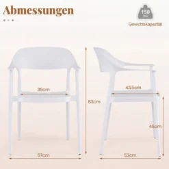 4er Set Stapelbare Esszimmerstühle bis 150 kg Belastbar Küchenstuhl aus Kunststoff Weiß