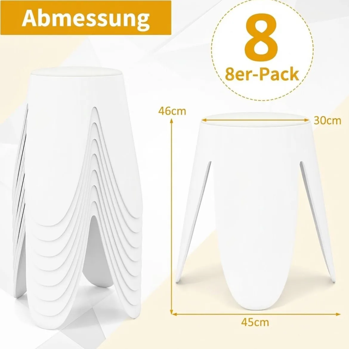 8er-Set stapelbare Hocker runde Sitzhocker aus Kunststoff tragbare Stühle mit Sitzkissen 45 x 45 x 46 cm Weiß