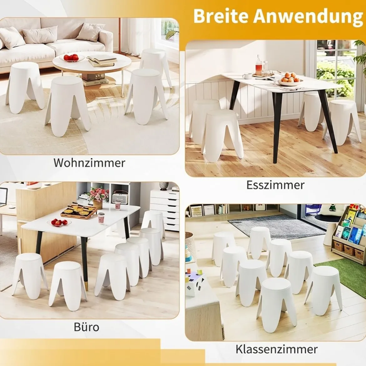 8er-Set stapelbare Hocker runde Sitzhocker aus Kunststoff tragbare Stühle mit Sitzkissen 45 x 45 x 46 cm Weiß