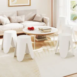 8er-Set stapelbare Hocker runde Sitzhocker aus Kunststoff tragbare Stühle mit Sitzkissen 45 x 45 x 46 cm Weiß
