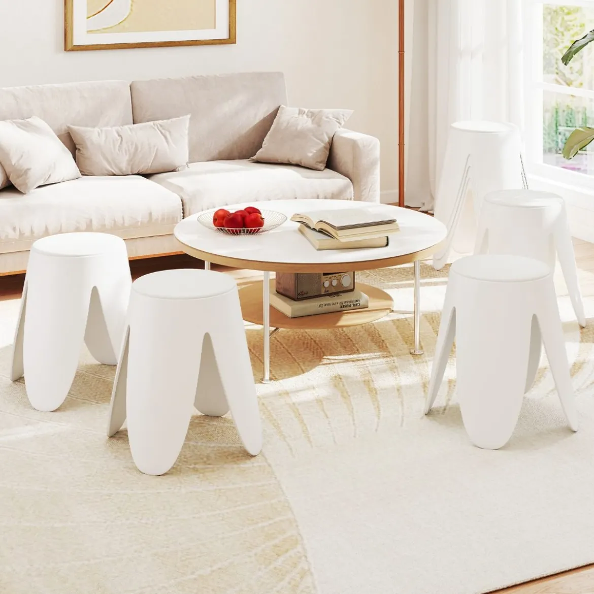 8er-Set stapelbare Hocker runde Sitzhocker aus Kunststoff tragbare Stühle mit Sitzkissen 45 x 45 x 46 cm Weiß
