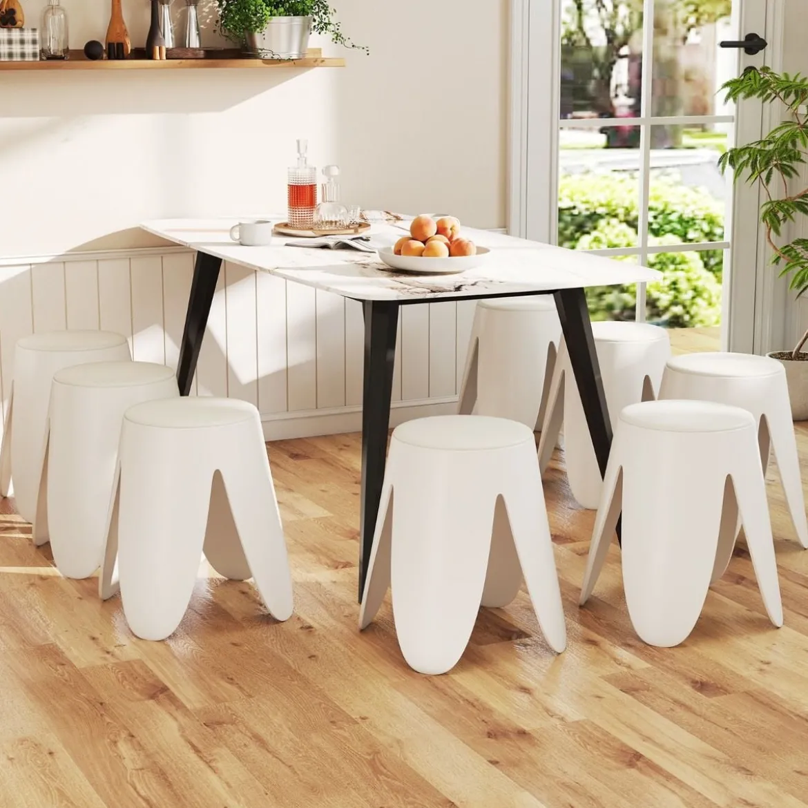 8er-Set stapelbare Hocker runde Sitzhocker aus Kunststoff tragbare Stühle mit Sitzkissen 45 x 45 x 46 cm Weiß