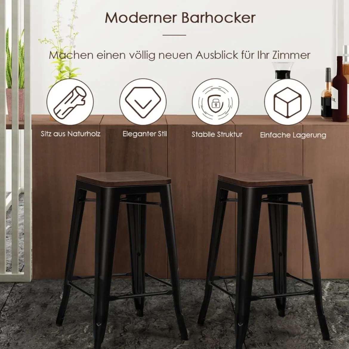 4er Set Stapelbarer Barhocker mit Fußstütze Vintage Barstuhl bis 150kg Belastbar Tresenhocker