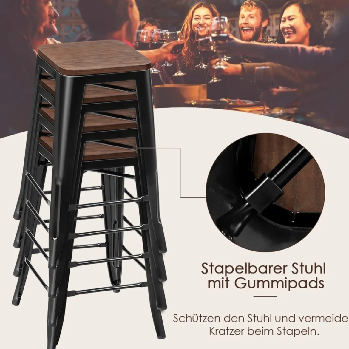 4er Set Stapelbarer Barhocker mit Fußstütze Vintage Barstuhl bis 150kg Belastbar Tresenhocker