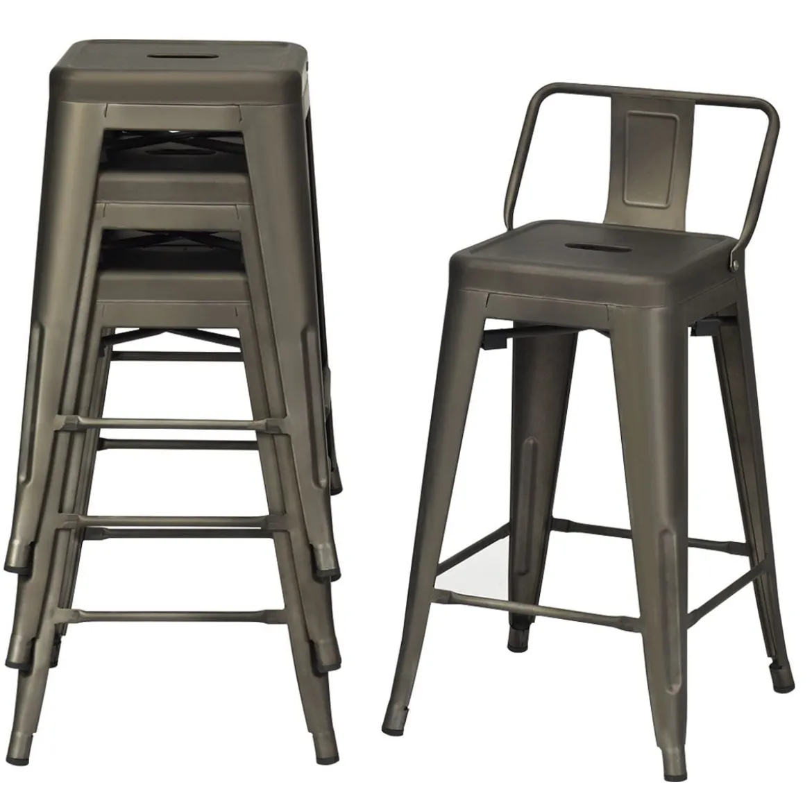 4er Set Stapelbarer Esszimmerstuhl aus Metall mit Abnehmbarer Rückenlehne & 60 cm Sitzhöhe