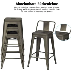 4er Set Stapelbarer Esszimmerstuhl aus Metall mit Abnehmbarer Rückenlehne & 60 cm Sitzhöhe