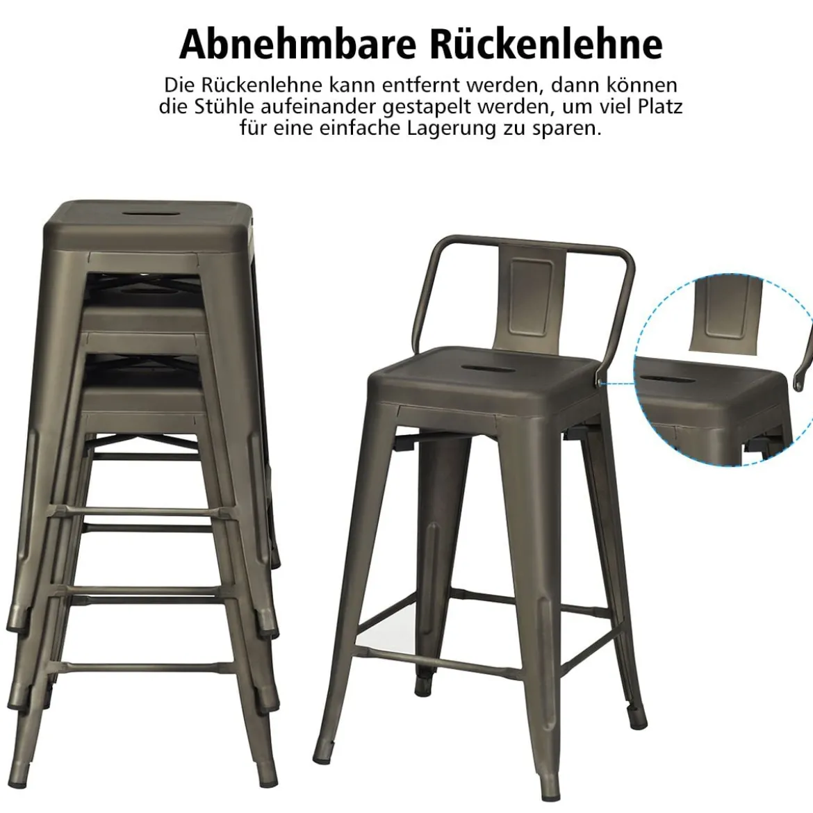 4er Set Stapelbarer Esszimmerstuhl aus Metall mit Abnehmbarer Rückenlehne & 60 cm Sitzhöhe