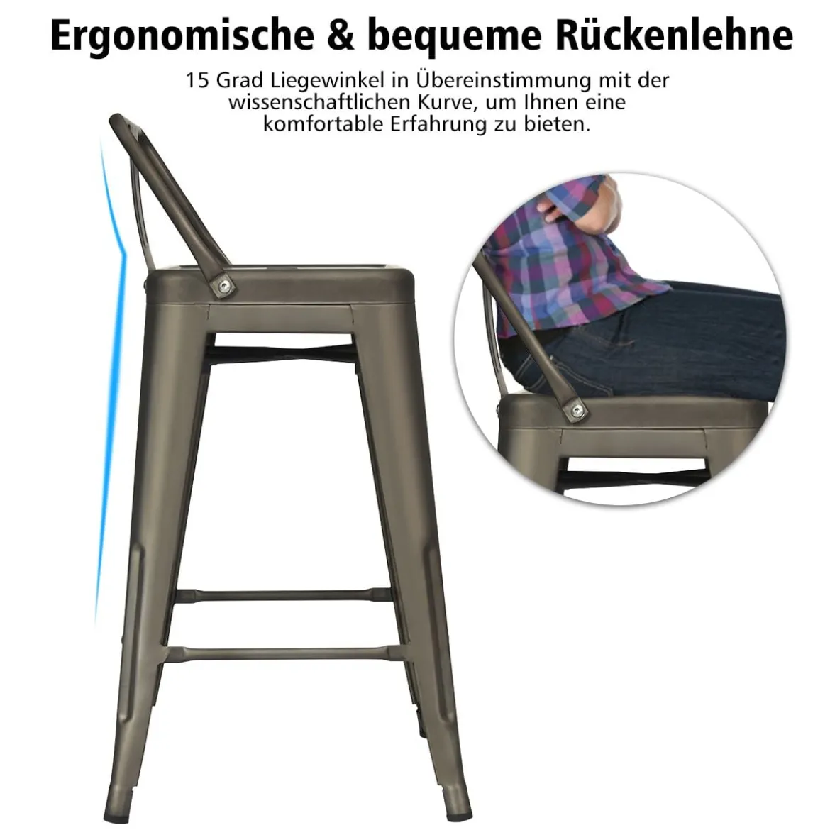 4er Set Stapelbarer Esszimmerstuhl aus Metall mit Abnehmbarer Rückenlehne & 60 cm Sitzhöhe