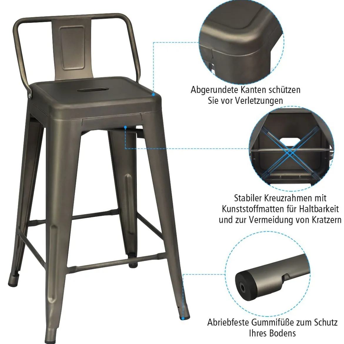 4er Set Stapelbarer Esszimmerstuhl aus Metall mit Abnehmbarer Rückenlehne & 60 cm Sitzhöhe