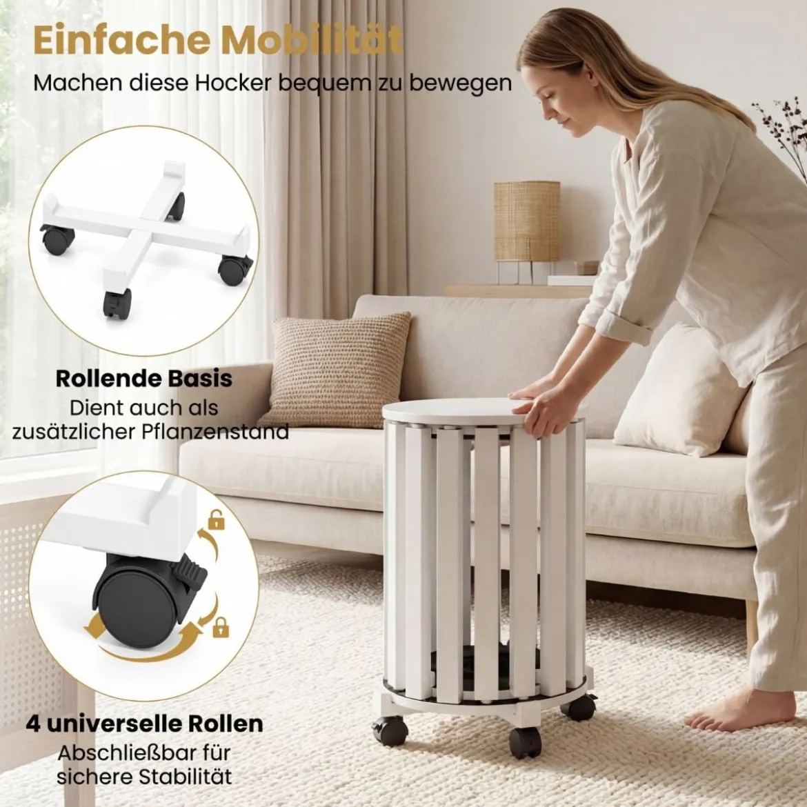 4er Set Stapelhocker mit Massivholzbeine & Rollenbasis Platzsparende Rund Holzhocker Weiß