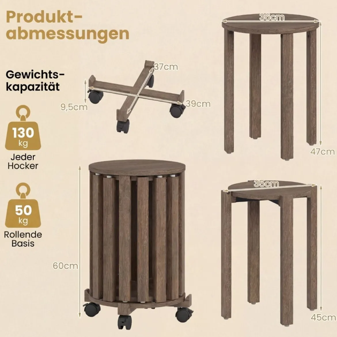 4er Set Stapelhocker mit Massivholzbeine & Rollenbasis Platzsparende Rund Holzhocker Walnuss