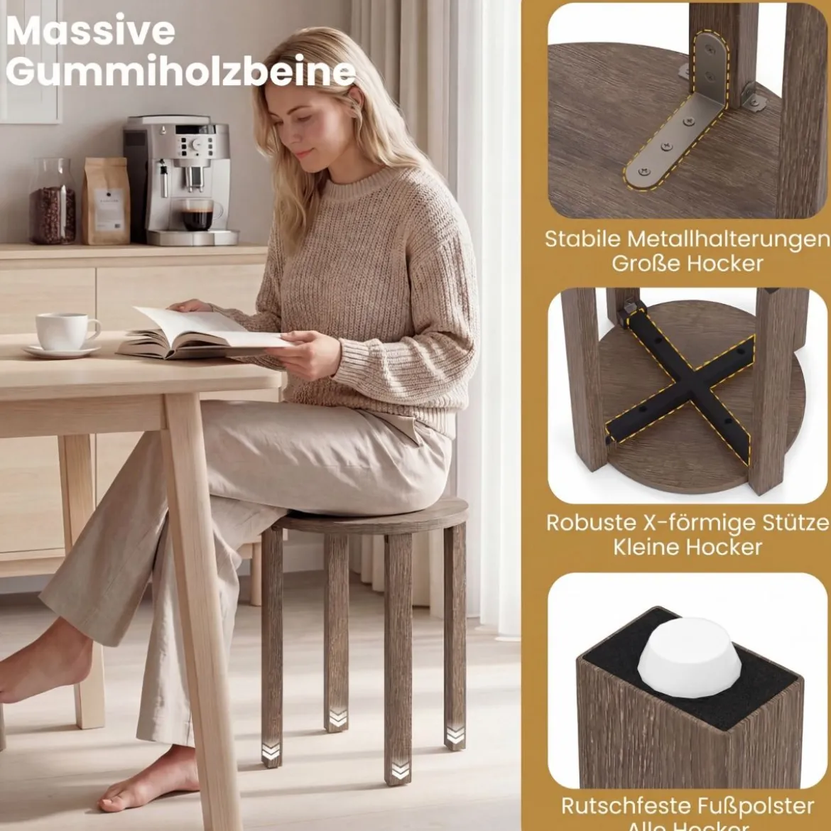 4er Set Stapelhocker mit Massivholzbeine & Rollenbasis Platzsparende Rund Holzhocker Walnuss
