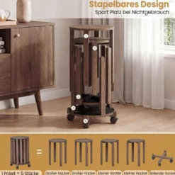 4er Set Stapelhocker mit Massivholzbeine & Rollenbasis Platzsparende Rund Holzhocker Walnuss