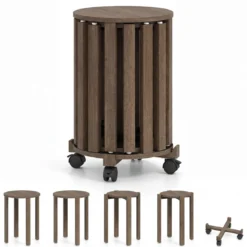 4er Set Stapelhocker mit Massivholzbeine & Rollenbasis Platzsparende Rund Holzhocker Walnuss