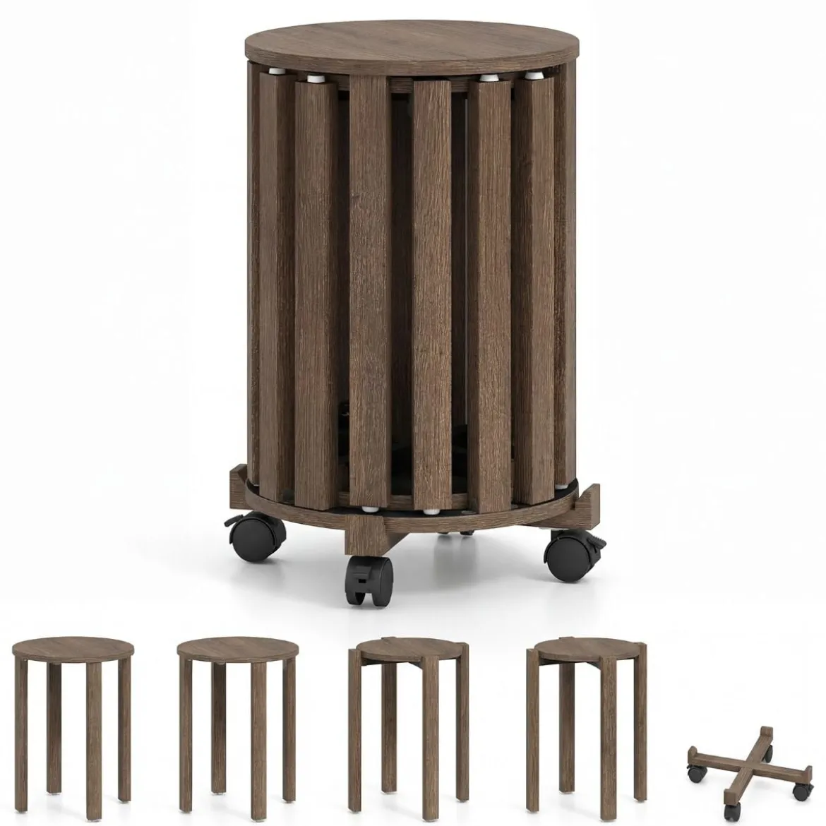 4er Set Stapelhocker mit Massivholzbeine & Rollenbasis Platzsparende Rund Holzhocker Walnuss