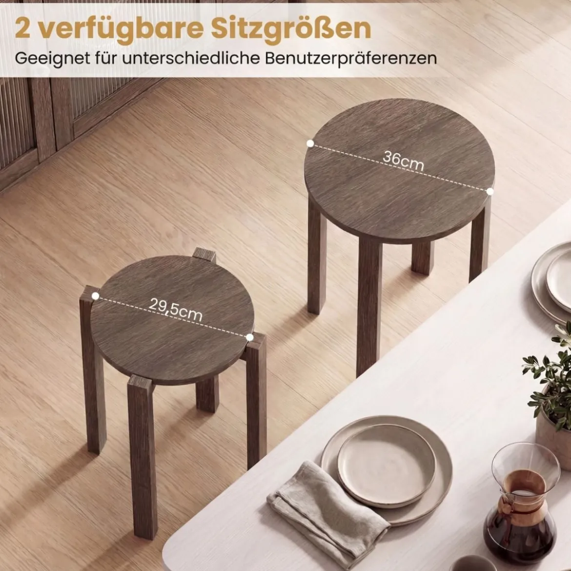 4er Set Stapelhocker mit Massivholzbeine & Rollenbasis Platzsparende Rund Holzhocker Walnuss