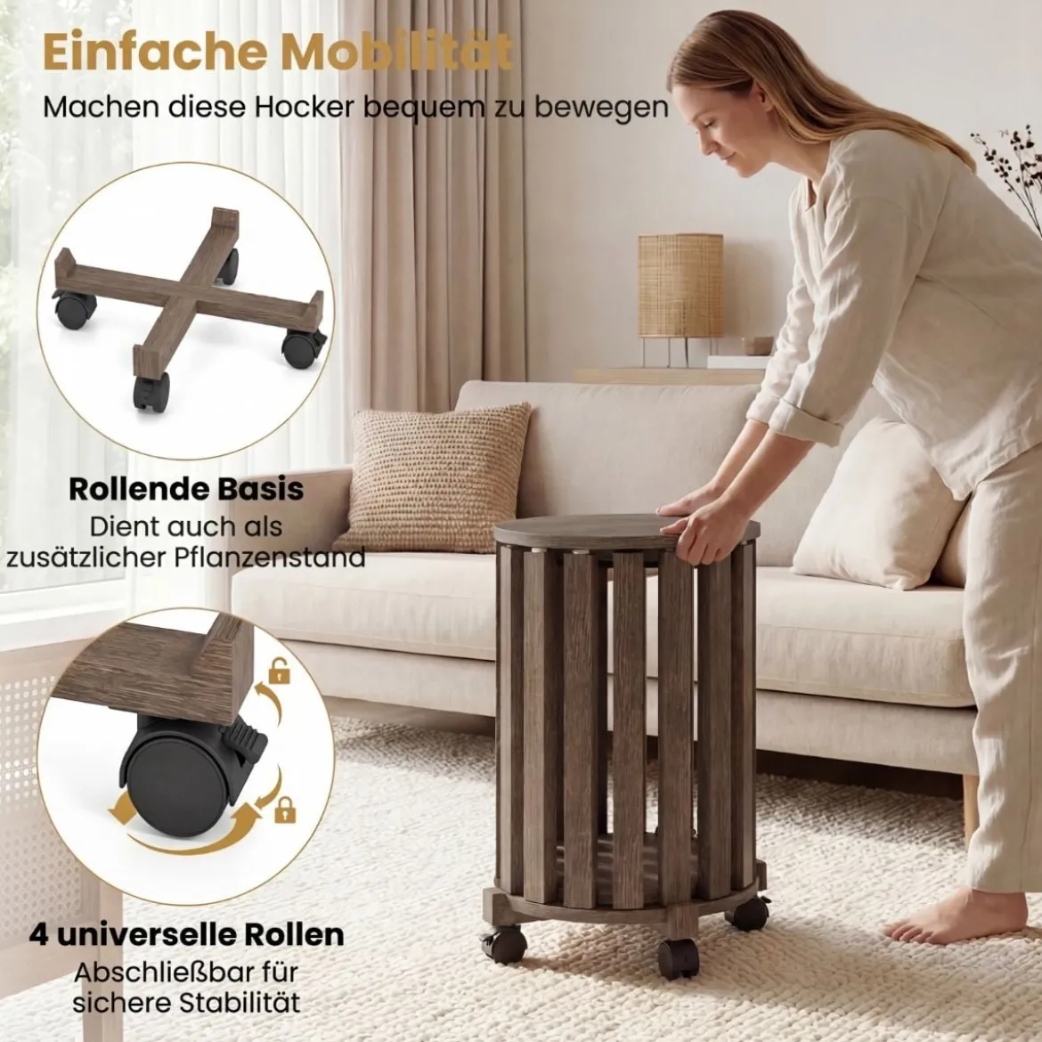 4er Set Stapelhocker mit Massivholzbeine & Rollenbasis Platzsparende Rund Holzhocker Walnuss