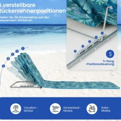 2er Set Strandmatte mit Beistelltisch Kopfkissen & Staufach Liegematte mit Verstellbarer Rückenlehne Türkisblau