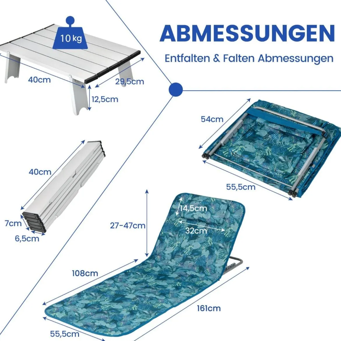 2er Set Strandmatte mit Beistelltisch Kopfkissen & Staufach Liegematte mit Verstellbarer Rückenlehne Türkisblau